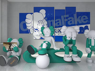 Cartoon Sculpture Carving Featuring White Green Characters In Various Poses With Blue Paintings 3d model