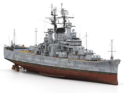 Vintage Military Warship with Gray Upper Structure Red Bottom Hull Deck Turrets and Antennas 3d model