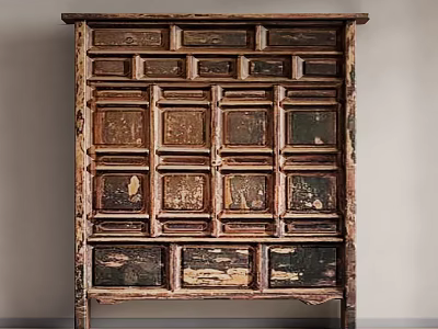 Antique Style Wooden Decorative Cabinet With Distressed Paint And Storage Compartments 3d model