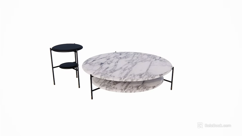 Modern Double Layer Marble Circular Coffee Table With Black Metal Legs And Side Table 3d model