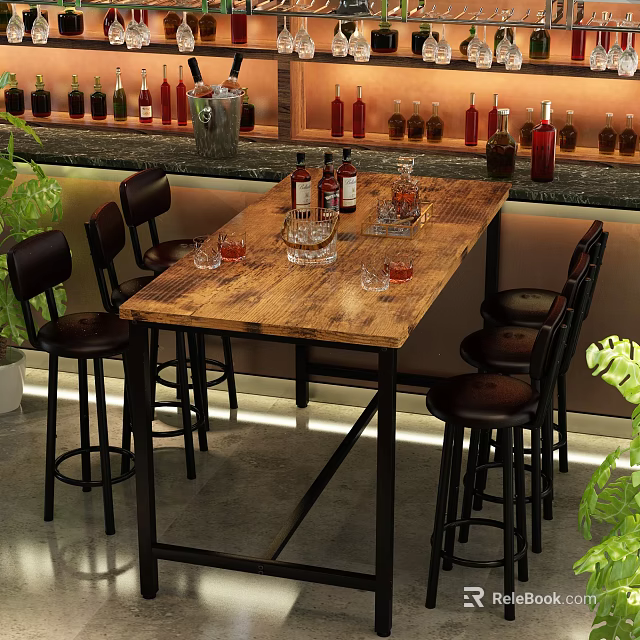 Cozy Bar Interior With Wooden Table High Stools And Shelved Bottles 3d model 