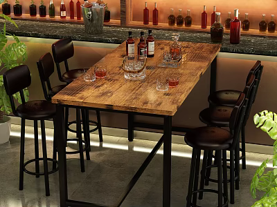 Cozy Bar Interior With Wooden Table High Stools And Shelved Bottles 3d model
