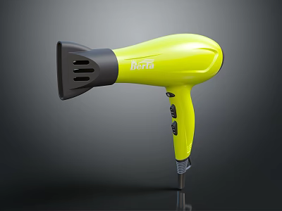 Brite Yellow Electric Hair Dryer With Modern Handle Design And Black Nozzle 3d model