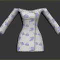 Light Gray Off The Shoulder Dress With Purple Floral Patterns Long Sleeves And Lace Trim