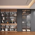 Modern Decorative Cabinet Design With Zebra Pattern Shelves Glass Doors And Decorative Items