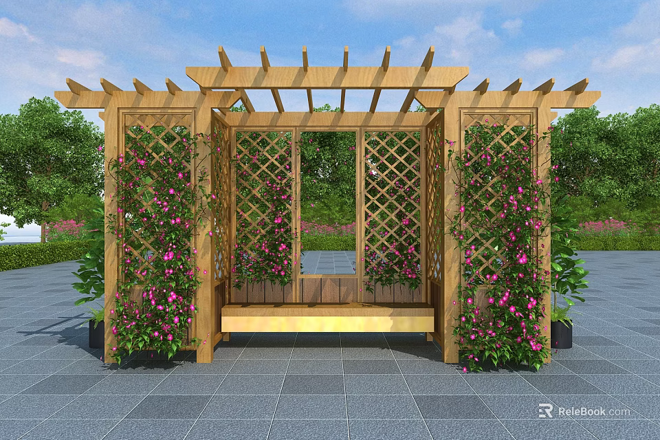Wooden Garden Pergola Featuring Lattice Sides Climbing Pink Flowers And Stone Floor 3d model 