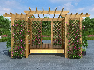 Wooden Garden Pergola Featuring Lattice Sides Climbing Pink Flowers And Stone Floor 3d model