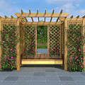 Wooden Garden Pergola Featuring Lattice Sides Climbing Pink Flowers And Stone Floor