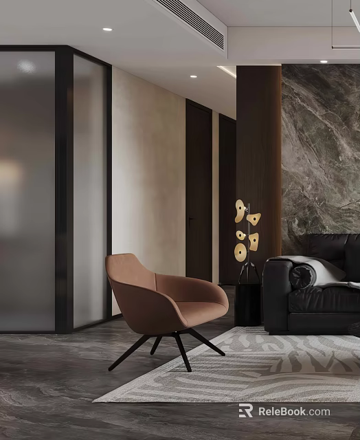 Stylish Brown Lounge Chair With Black Legs Modern Interior Marble Wall And Gray Rug 3d model 