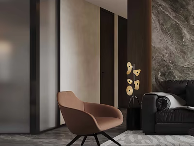 Stylish Brown Lounge Chair With Black Legs Modern Interior Marble Wall And Gray Rug 3d model