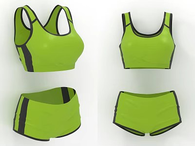 Green Activewear Set Featuring Sports Bra And High Waist Shorts With Black Trim 3d model