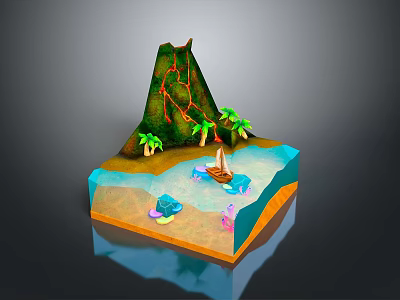 3D Volcano Mountain Scene With Lava Flow Palm Trees Small Boat Water And Sand Beach 3d model