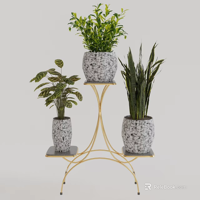 Stylish Garden Decor With Gold Metal Plant Stand And Textured Planters Holding Green Plants 3d model 