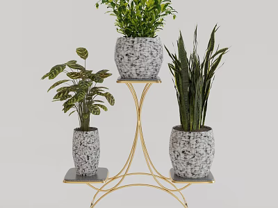 Stylish Garden Decor With Gold Metal Plant Stand And Textured Planters Holding Green Plants 3d model