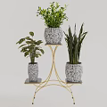 Stylish Garden Decor With Gold Metal Plant Stand And Textured Planters Holding Green Plants