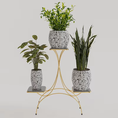 Stylish Garden Decor With Gold Metal Plant Stand And Textured Planters Holding Green Plants 3d model