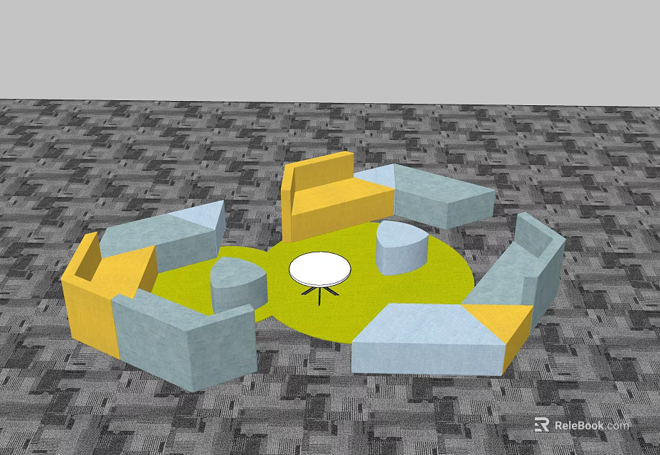 Modular Sofa Set With Yellow And Light Blue Sections Round White Table Green Carpet Area 3d model