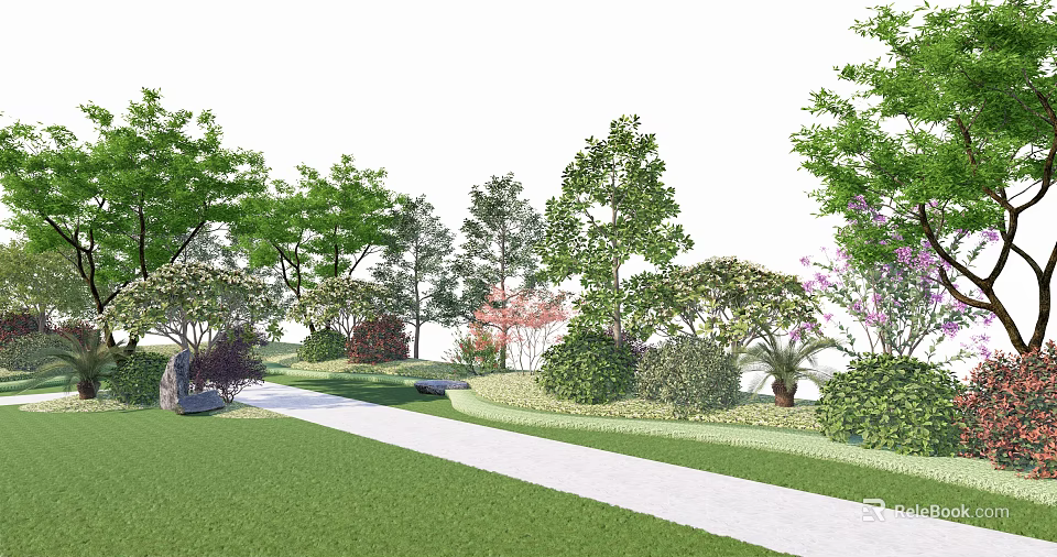 Diverse Tall Trees In Lush Garden With Green Lawn Stone Path And Shrubs 3d model 