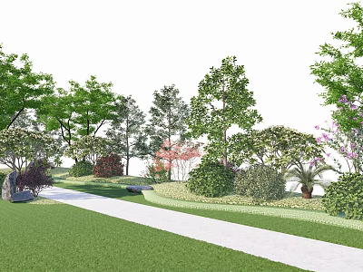 Diverse Tall Trees In Lush Garden With Green Lawn Stone Path And Shrubs 3d model