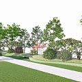 Diverse Tall Trees In Lush Garden With Green Lawn Stone Path And Shrubs