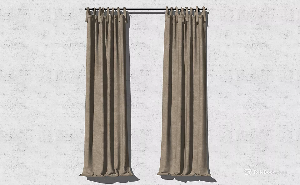 Brown Velvet Curtains Hanging On Rod With Pleated Design For Home Decor 3d model 