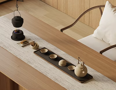 Minimalist Ceramic Tea Set With Teapot Teacups And Wooden Tray On Table 3d model