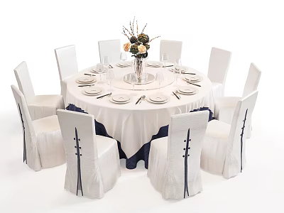Elegant Banquet Hall Decor Featuring Round Table White Chair Covers Blue Accents And Floral Centerpiece 3d model