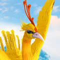 Golden Phoenix Flying High in Blue Sky with Fluffy Clouds and Vibrant Feathers