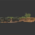 Realistic Modern Military Scene With Broken Cliff Military Trucks And Lush Greenery