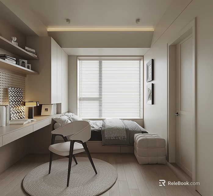 Modern Tatami Bedroom Interior with Window Blinds Desk Bookshelf and Storage Chair Decorations 3d model 