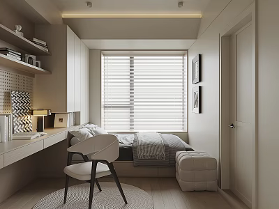 Modern Tatami Bedroom Interior with Window Blinds Desk Bookshelf and Storage Chair Decorations 3d model