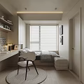 Modern Tatami Bedroom Interior with Window Blinds Desk Bookshelf and Storage Chair Decorations