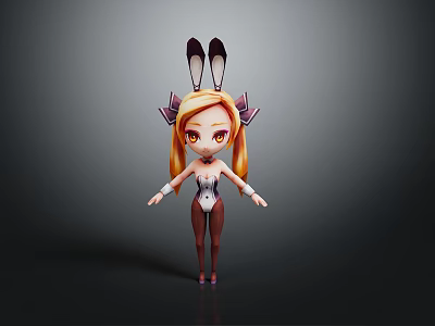 3D Cartoon Character With Rabbit Ears Long Blonde Hair Bow And Bodysuit 3d model