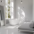 Modern White Bathroom Interior With Sink Vanity Bathtub Mirror Bench And Natural Light