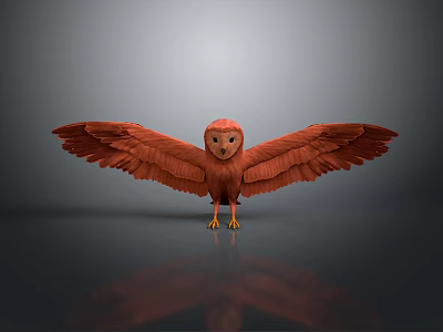 Red Owl with Spread Wings Standing on Reflective Surface Against Gray Gradient Background 3d model