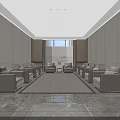Modern Lobby Interior With Light Colored Sofas Carpet Ceiling Lights And Large Windows 3d model