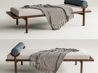 Elegant Sofa Bench With Wooden Legs Upholstered Seat Blue Cushion And Gray Blanket 3d model