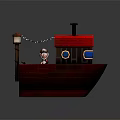 Cartoon Wooden Watercraft With Red Roof Blue Window And Figure On Board