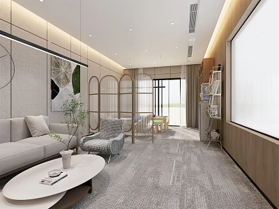 Modern Lounge Area Interior Design With Sofa Coffee Table Decorative Painting Green Plant And Bookshelf 3d model