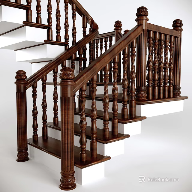 Traditional Wooden Staircase Interior With Ornate Carved Balusters And White Steps 3d model 