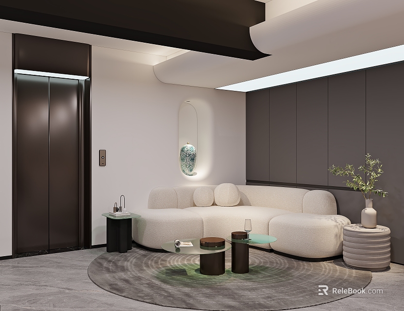 Modern Lounge Area With White Curved Sofa Round Coffee Tables Circular Rug And Green Plant 3d model 