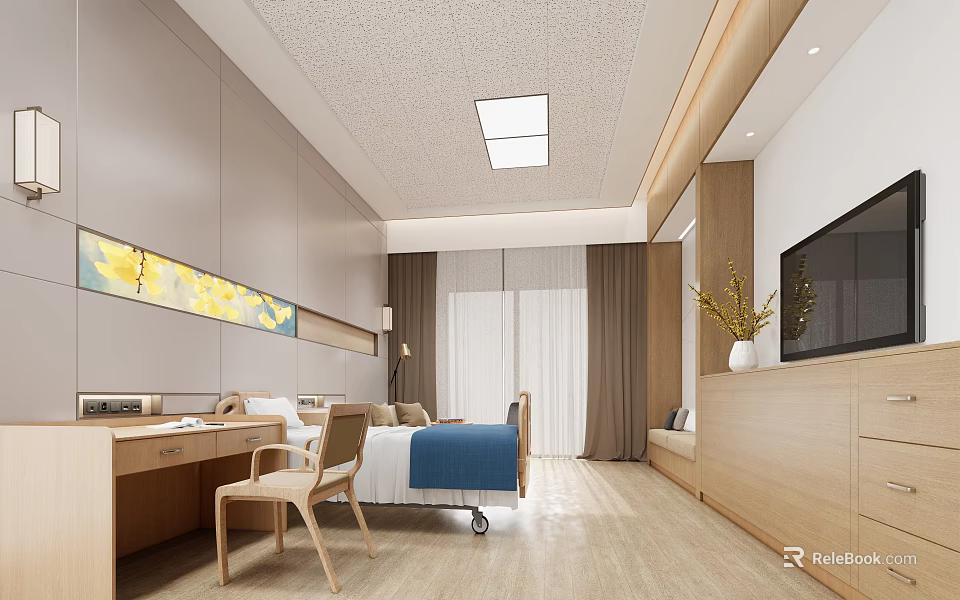 Modern Hospital Outpatient Ward Interior With Bed Chair Desk TV Curtains And Clean Design 3d model 