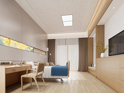 Modern Hospital Outpatient Ward Interior With Bed Chair Desk TV Curtains And Clean Design 3d model