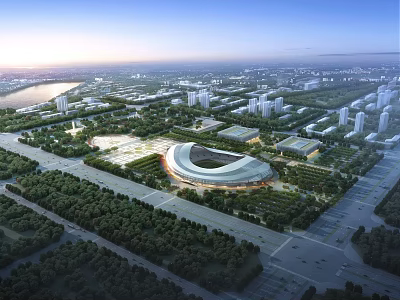 Aerial Planning View of Modern Urban Area With Stadium Green Spaces Roads and River 3d model