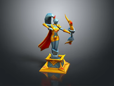 Fantasy Game Character With Blue Hair Red Cape Holding Flaming Bow On Golden Pedestal 3d model