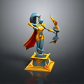Fantasy Game Character With Blue Hair Red Cape Holding Flaming Bow On Golden Pedestal
