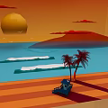Cartoon Sunset Beach Scene with Yellow Sun Red Clouds Blue Sea Waves and Palm Trees