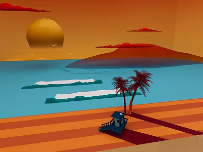 Cartoon Sunset Beach Scene with Yellow Sun Red Clouds Blue Sea Waves and Palm Trees 3d model