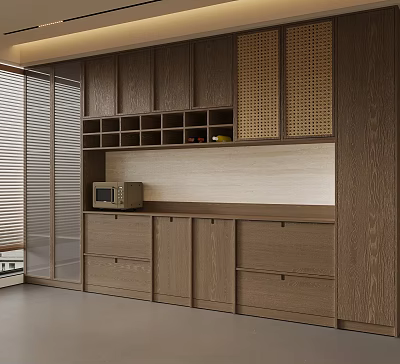 Modern Wooden Wine Cabinet In Kitchen With Open Shelves Microwave And Sliding Blinds 3d model