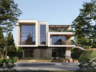 Modern Two Story Detached Villa With Large Glass Windows Balcony And Greenery Surroundings 3d model